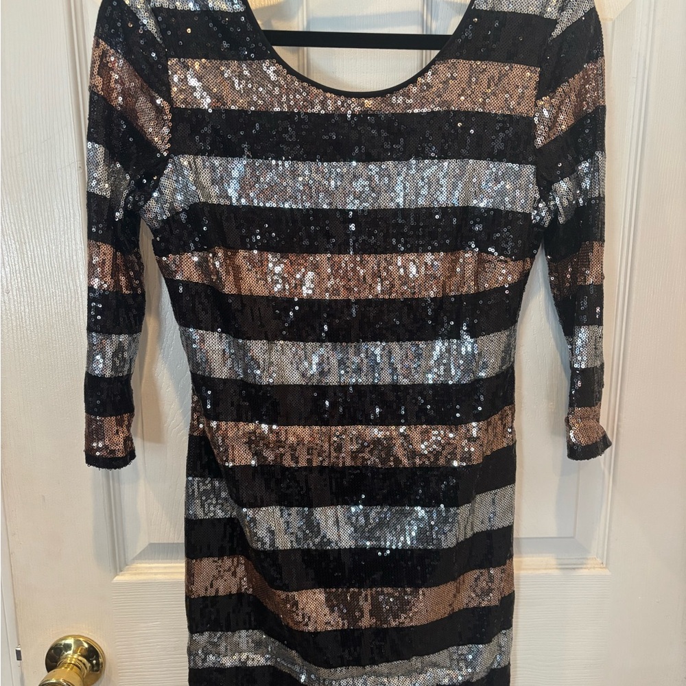Charlotte Russe Black, Silver & Gold Sequin Striped Scoop Neck Dress